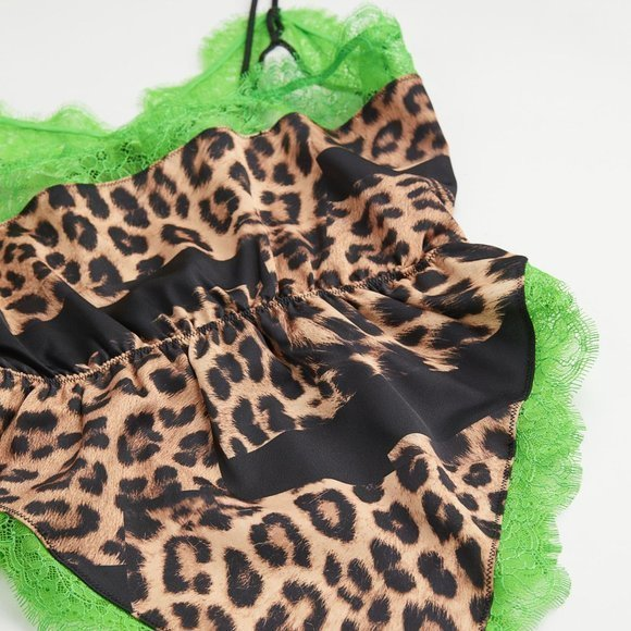 H&M Studio Collection Animal Leopard-print Satin Lace-trim Bodysuit‎ Lingerie L - Picture 1 of 5